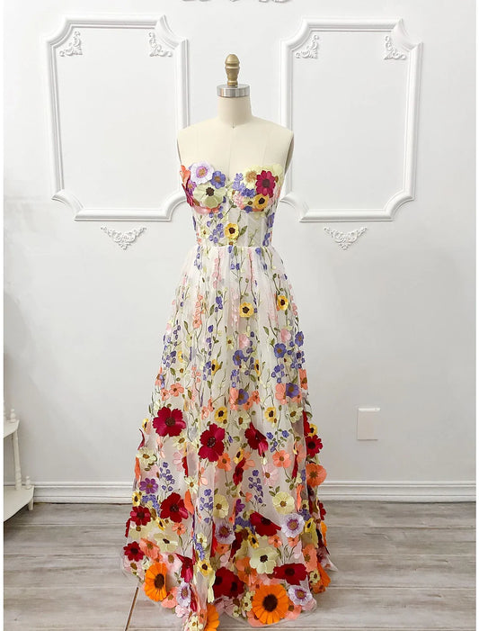 Wholesa A-Line Evening Gown Corsets Dress Formal Wedding Guest Floor Length Sleeveless Strapless Bridesmaid Dress Lace Backless with Embroidery Appliques