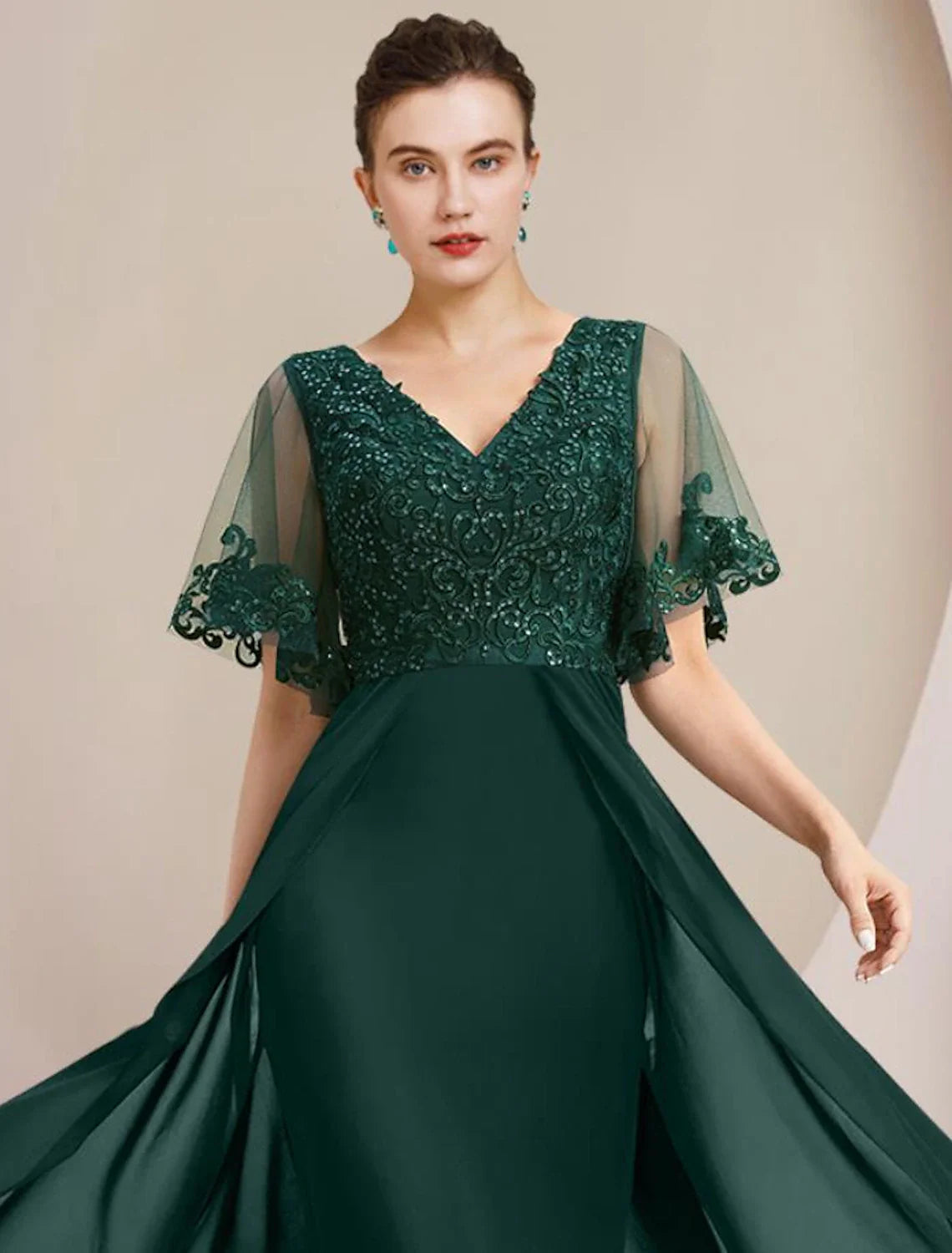 Aimishang  Sheath / Column Mother of the Bride Dress Formal Wedding Guest Elegant V Neck Floor Length Chiffon Lace Tulle Short Sleeve with Sequin Appliques
