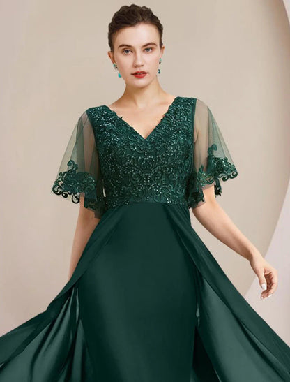 Aimishang  Sheath / Column Mother of the Bride Dress Formal Wedding Guest Elegant V Neck Floor Length Chiffon Lace Tulle Short Sleeve with Sequin Appliques