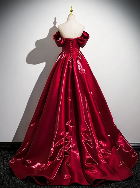A-Line Satin Burgundy Long Prom Dress, Burgundy Long Formal Dress