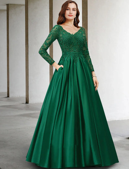 Aimishang A-Line Mother of the Bride Dress Luxurious Elegant V Neck Floor Length Chiffon Lace Long Sleeve with Pleats Appliques