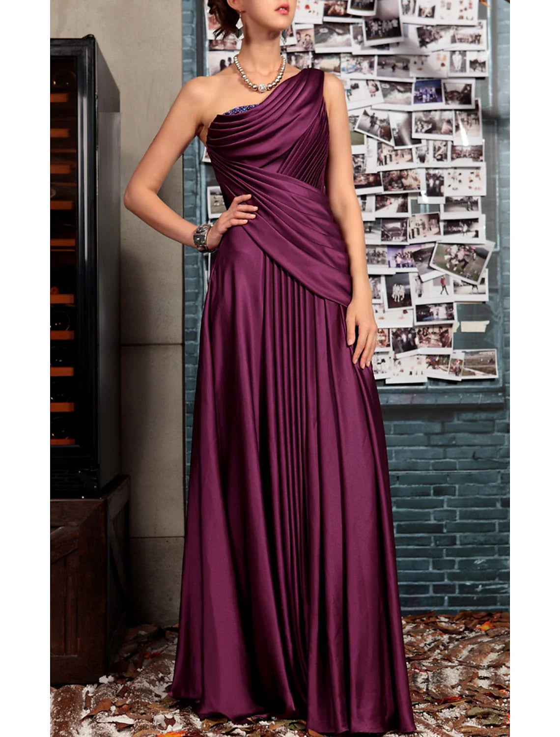 Aimishang Sheath Black Dress Evening Gown Elegant Dress Formal Evening Floor Length Sleeveless One Shoulder Fall Wedding Guest Satin Backless with Pleats Crystals Draping
