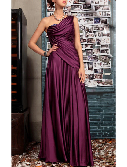 Aimishang Sheath Black Dress Evening Gown Elegant Dress Formal Evening Floor Length Sleeveless One Shoulder Fall Wedding Guest Satin Backless with Pleats Crystals Draping
