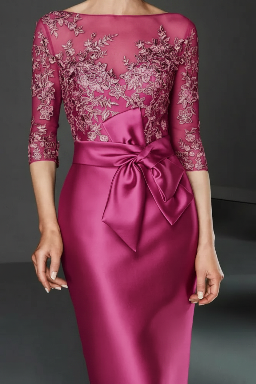 Bateau 3/4 Long Sleeves Satin Mother of the Bride Dresses with Lace