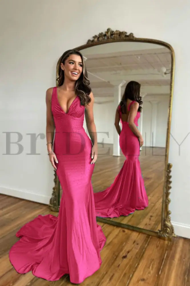Green Prom Dress Mermaid V Neck Long Evening Dress with Beadings