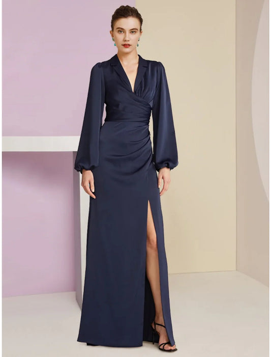 Aimishang Sheath / Column Mother of the Bride Dress Wedding Guest Elegant V Neck Floor Length Stretch Satin Long Sleeve with Split Front Ruching
