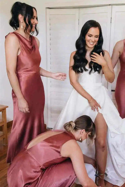Blush Pink Cowl Neck Floor Length Bridesmaid Dress
