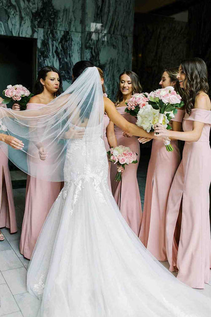 Off the Shoulder Pink Long Bridesmaid Dress with Slit