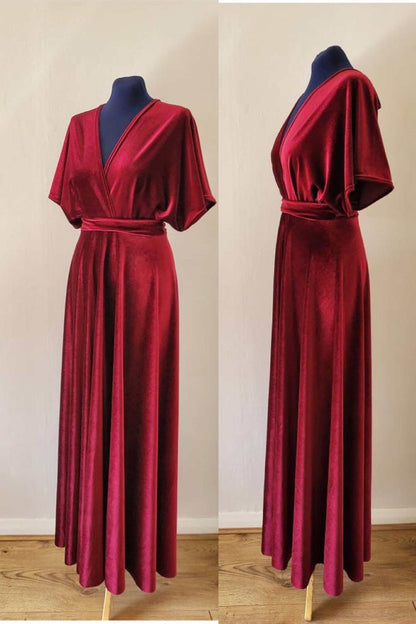 V-Neck Burgundy Velvet Long Bridesmaid Dress