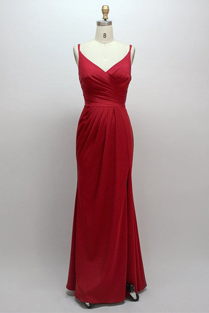 V-Neck Navy Satin Pleated Long Bridesmaid Dress