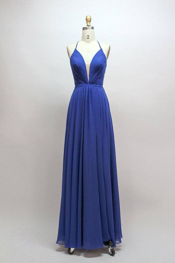 Lace-Up Plunging Neck Burgundy Long Bridesmaid Dress