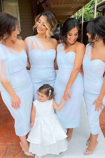 One Shoulder Pink Tea Length Mermaid Bridesmaid Dress