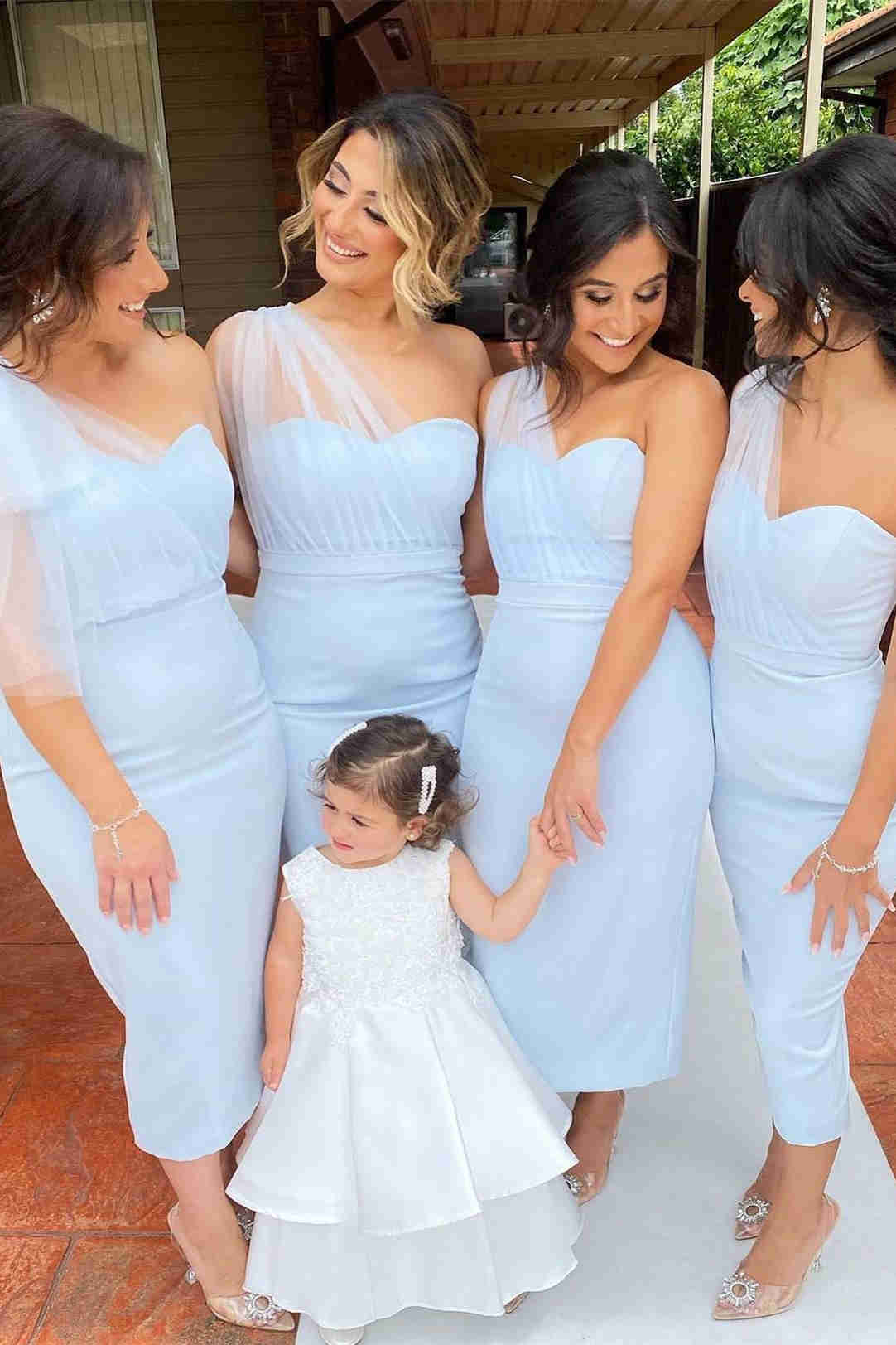 One Shoulder Pink Tea Length Mermaid Bridesmaid Dress