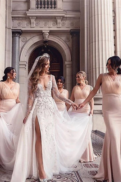 Tulle V-Neck White Mermaid Long Bridesmaid Dress