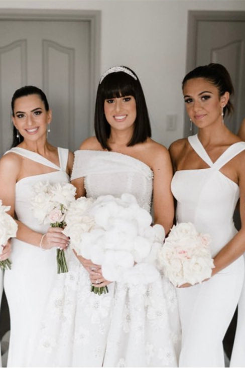 Simple Backless White Mermaid Long Bridesmaid Dress