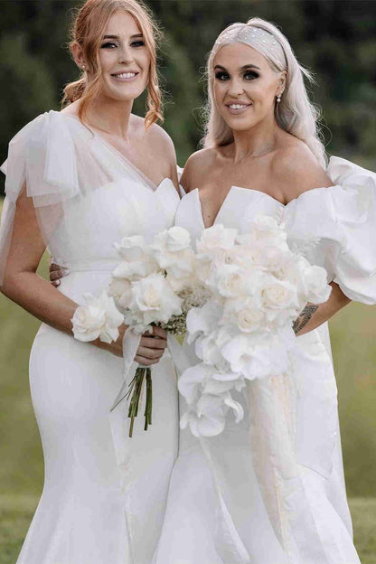 Tie Shoulder White Satin Mermaid Long Bridesmaid Dress
