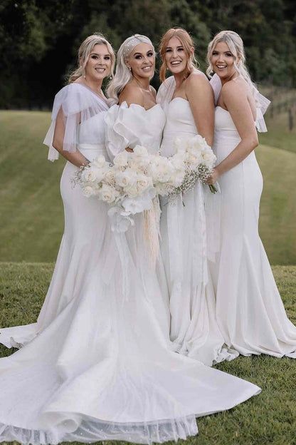Tie Shoulder White Satin Mermaid Long Bridesmaid Dress