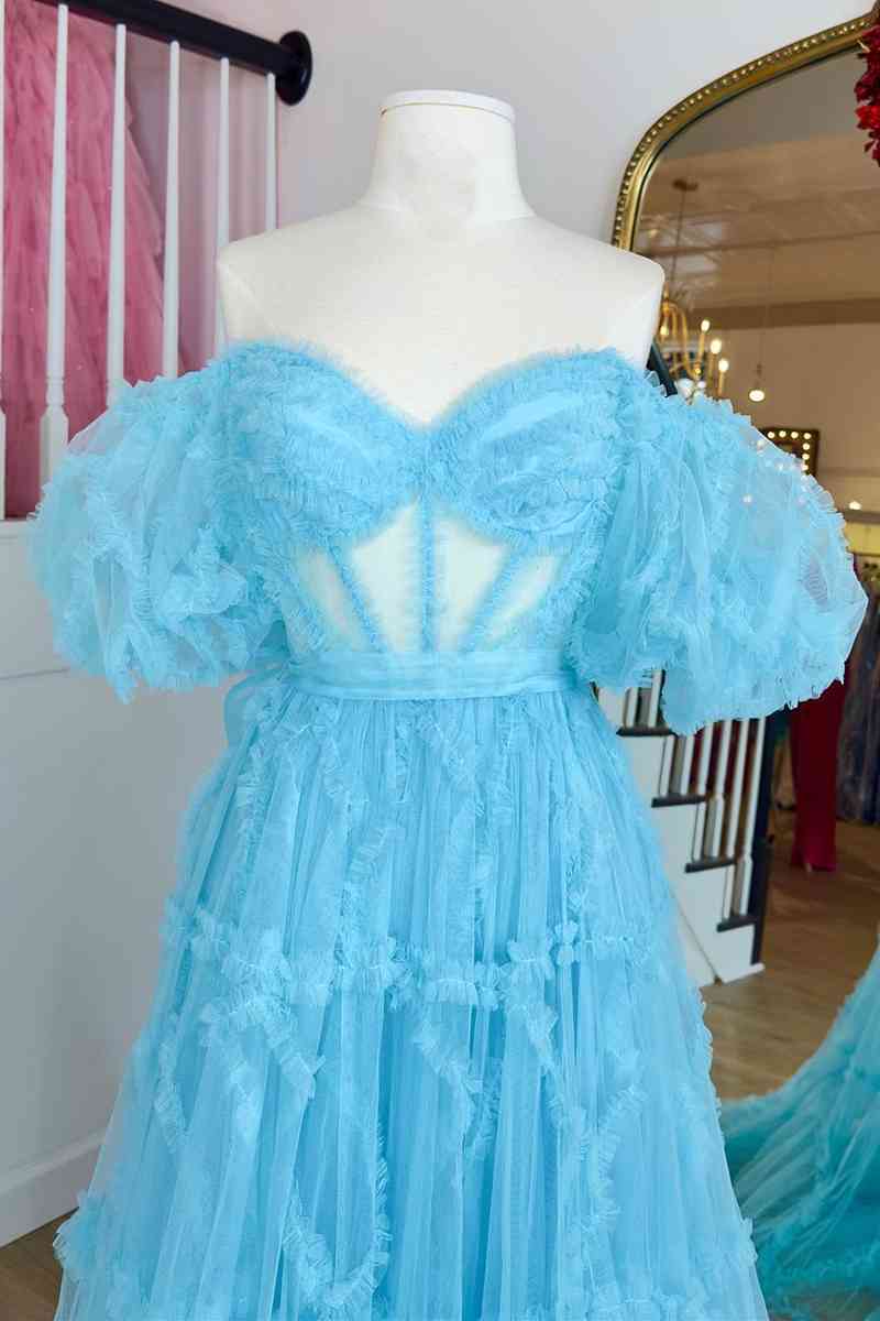Princess Off-Shoulder Light Blue Ruffle Long Prom Dress with Balloon Sleeves