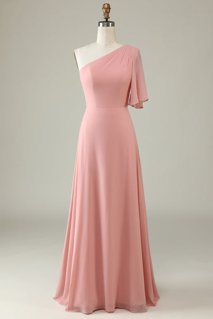 Dusty Blue One-Shoulder Chiffon Bridesmaid Dress