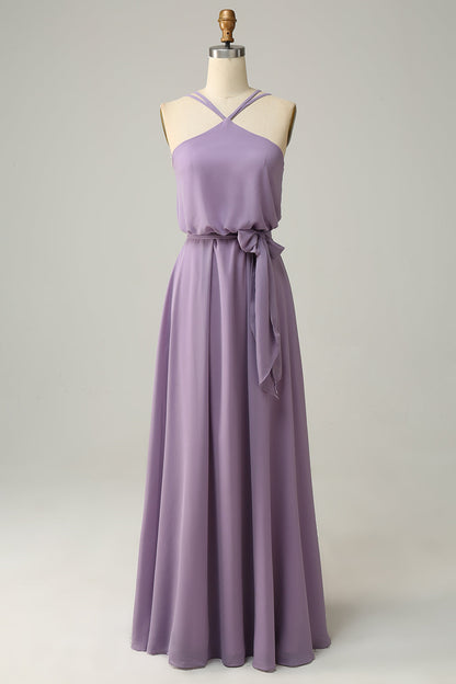Chiffon Yellow Halter Long Bridesmaid Dress with Belt