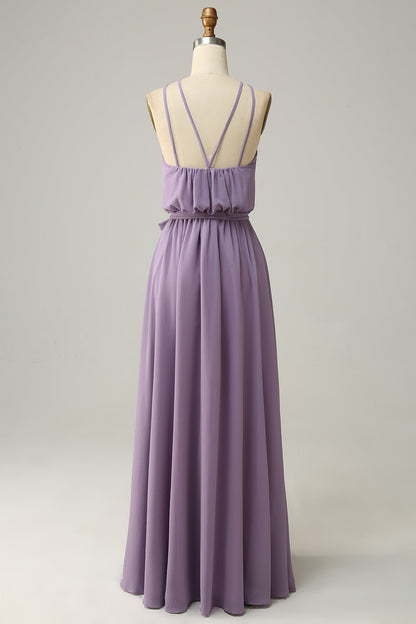 Chiffon Yellow Halter Long Bridesmaid Dress with Belt