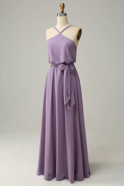 Chiffon Yellow Halter Long Bridesmaid Dress with Belt