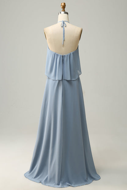 Halter Dusty Blue Bohemian Chiffon Bridesmaid Dress