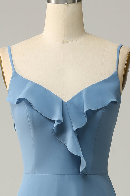 Strap Dusty Blue Ruffle A-Line Bridesmaid Dress