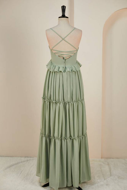 Straps Sage Green Pleated Long Bridesmaid Dress