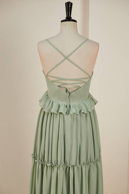 Straps Sage Green Pleated Long Bridesmaid Dress