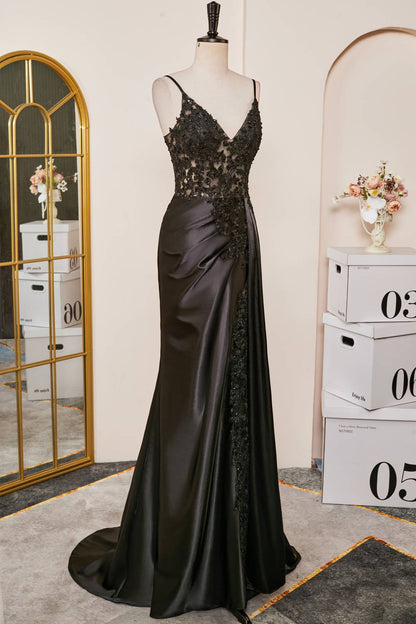 V-Neck Black Sheer Lace Corset Mermaid Prom Dress with Slit