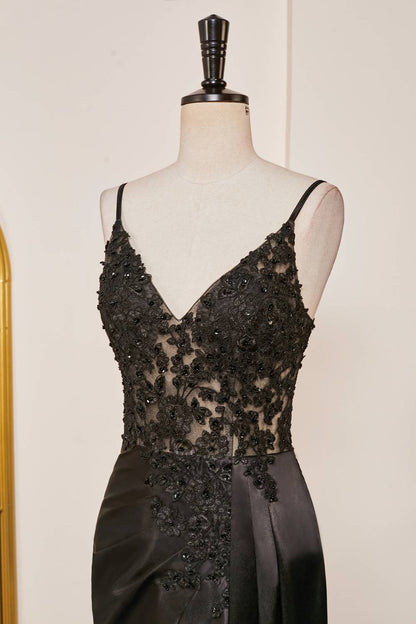 V-Neck Black Sheer Lace Corset Mermaid Prom Dress with Slit