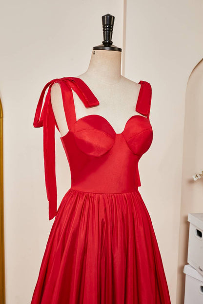 Tie Straps Red Corset A-Line Long Prom Dress