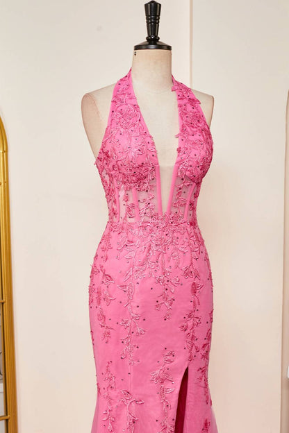Mermaid Hot Pink Halter Appliques Long Prom Dress with Slit