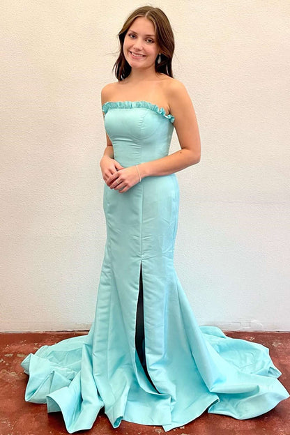 Strapless Magenta Ruffle Mermaid Slit Long Prom Dress