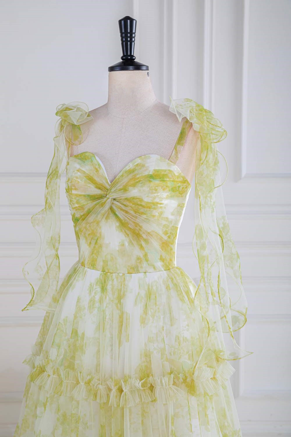 Tie Straps Yellow Floral Print Ruffles Tulle Long Prom Dress