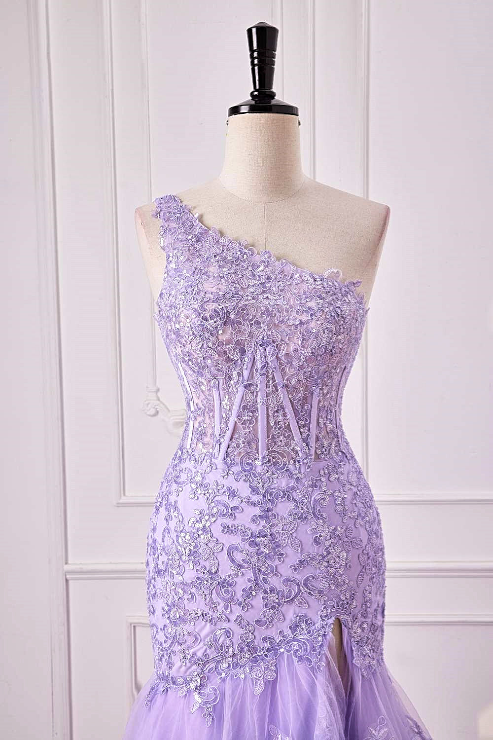 Mermaid One Shoulder Lavender Sequin Appliques Ruffle Prom Dress