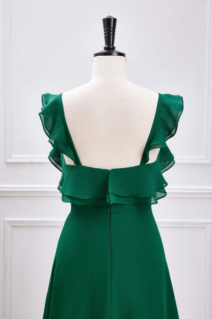 Emerald Green Ruffled Straps A-Line Bridesmaid Dress with Slit