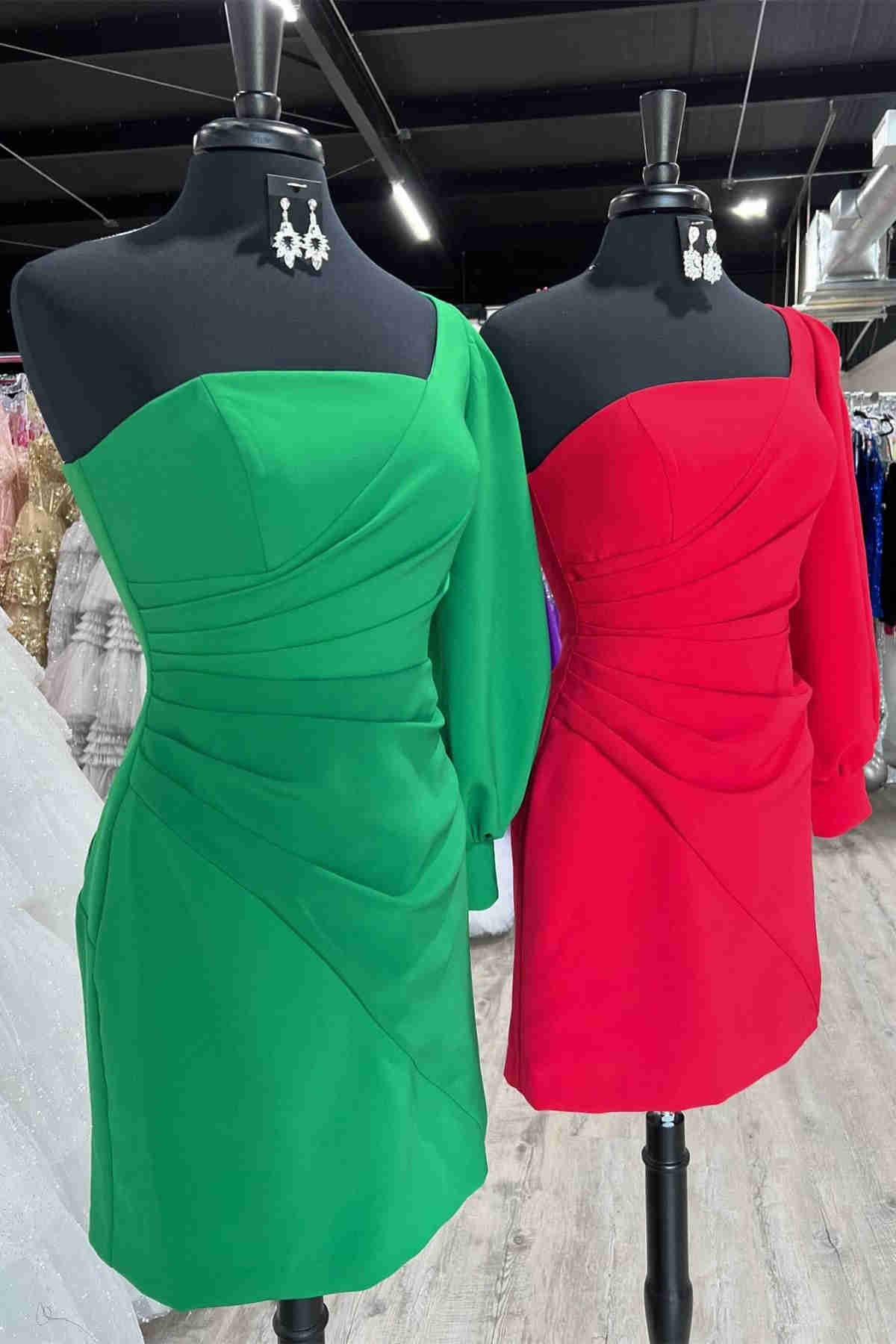 One Shoulder Long Sleeve Pleated Short Party Dress