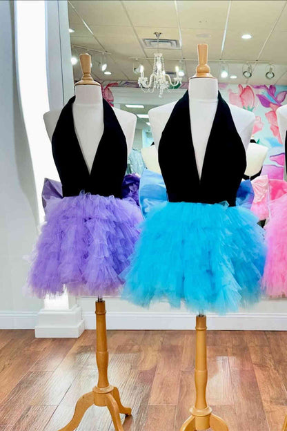 Cute Black and Pink Halter Ruffle Short Party Dress