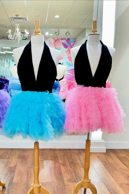 Cute Black and Pink Halter Ruffle Short Party Dress