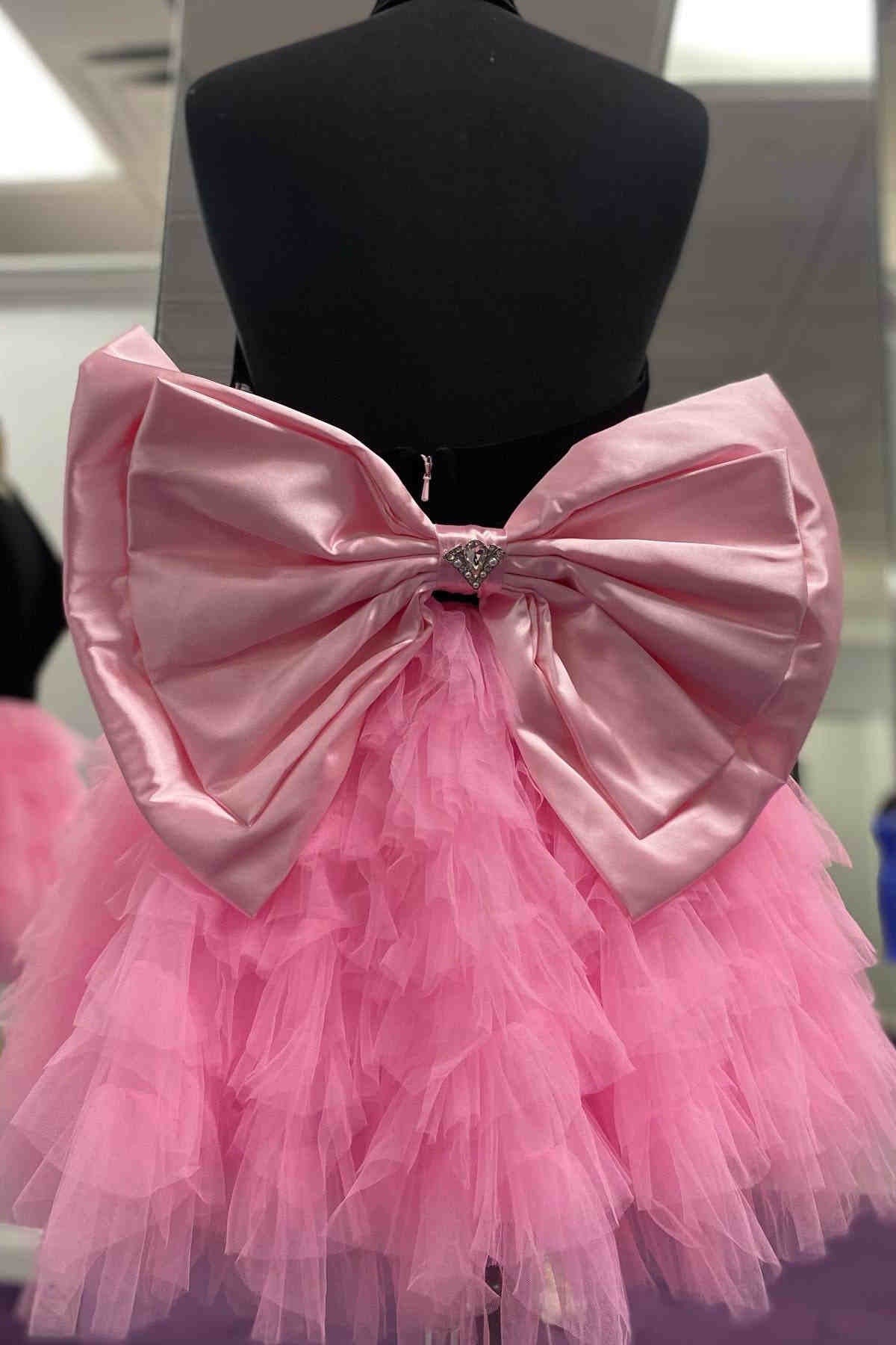 Cute Black and Pink Halter Ruffle Short Party Dress