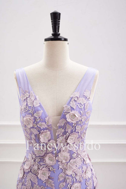 Plunging Neck Lavender 3D Flowers Fitted Homecoming Dress