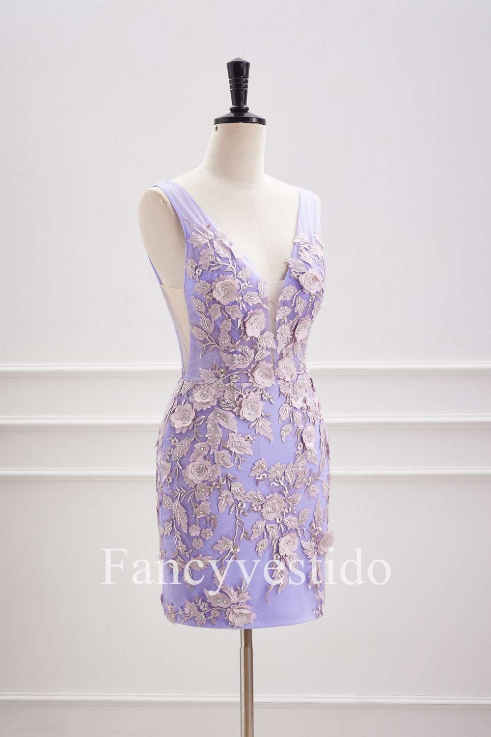 Plunging Neck Lavender 3D Flowers Fitted Homecoming Dress