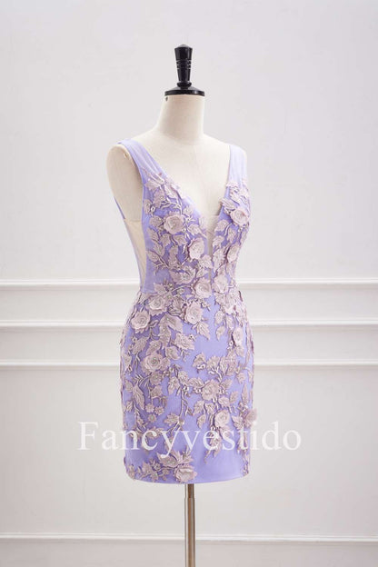 Plunging Neck Lavender 3D Flowers Fitted Homecoming Dress