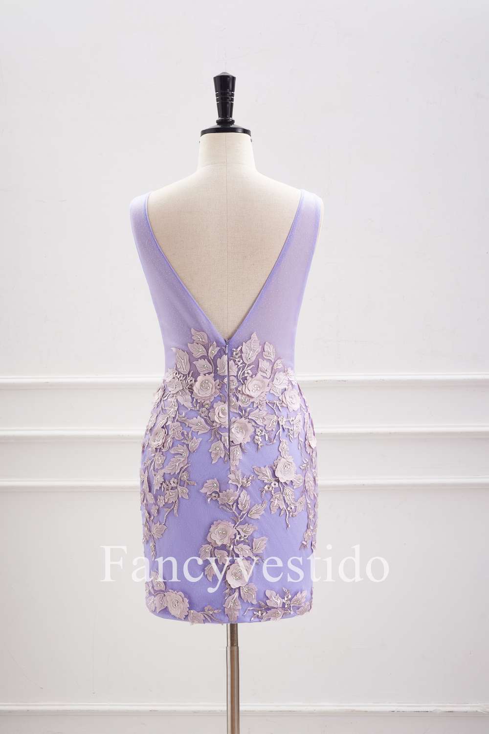 Plunging Neck Lavender 3D Flowers Fitted Homecoming Dress