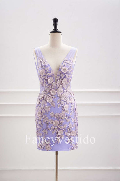 Plunging Neck Lavender 3D Flowers Fitted Homecoming Dress