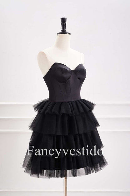 Cute Sweetheart Black A-Line Tiered Homecoming Dress