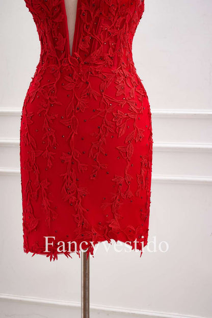 Halter Red Appliques Backless Tight Short Homecoming Dress