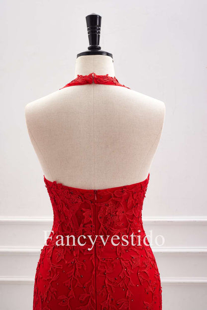 Halter Red Appliques Backless Tight Short Homecoming Dress